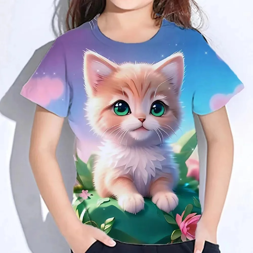 Camisetas divertidas para niñas, Top de manga corta de verano con estampado 3d de animales de dibujos animados y gatos, ropa para niñas, camisetas informales de moda 2025