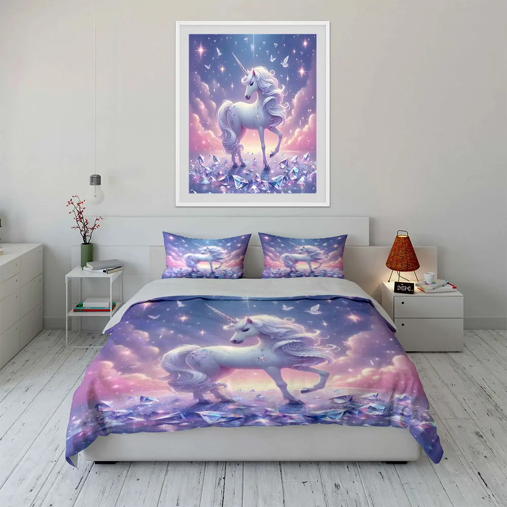 Enchanted Unicorn with Sparkling Crystals Duvet Cover Set with 3D Printing Design Soft Polyester Bedding Set All-Season Comfort