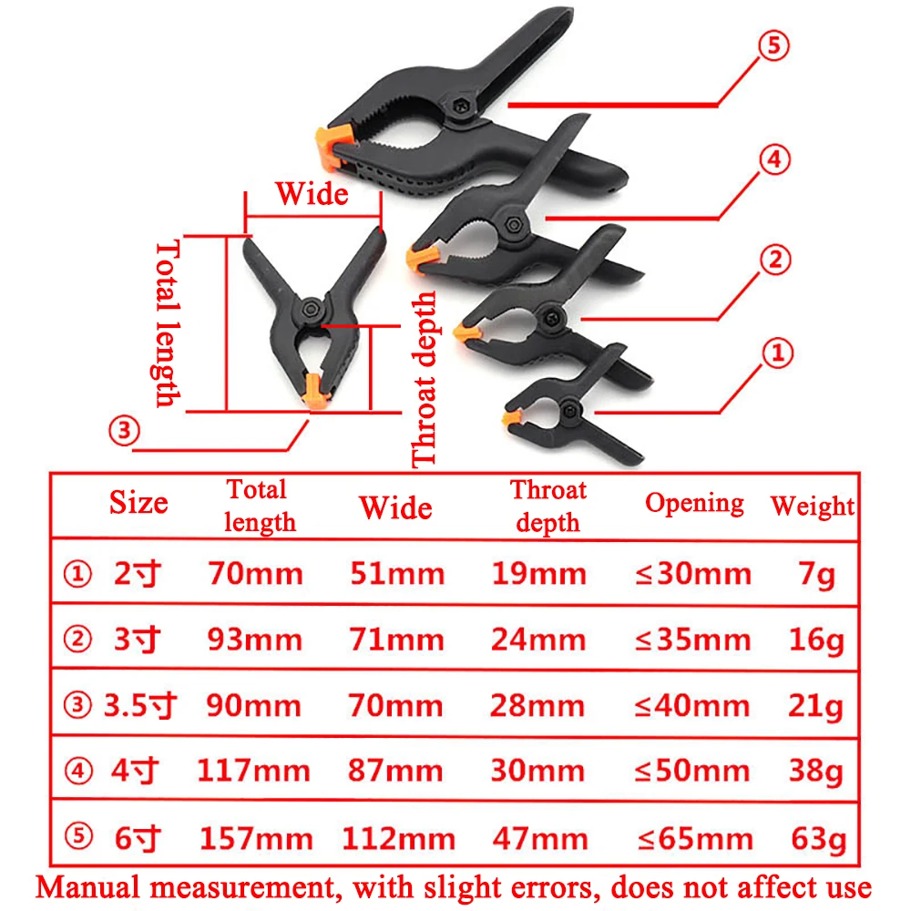 

2inch/3inch/3.5inch/4inch/6inch Plastic Nylon Adjustable Woodworking Clamps Wood Working Tools Spring Clip Carpentry Clamps