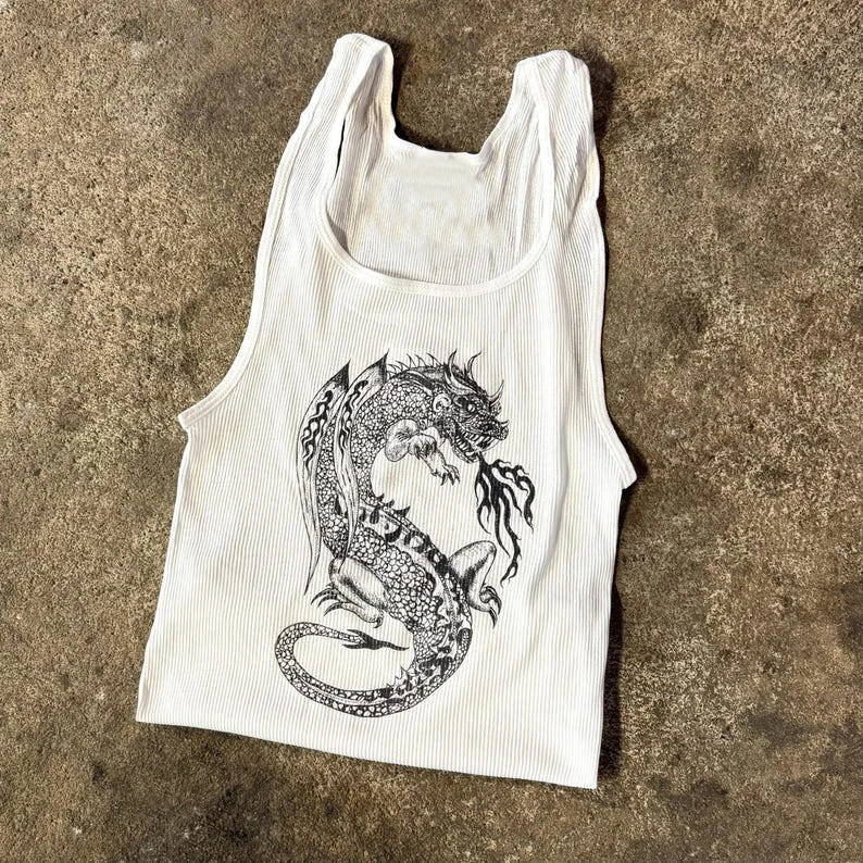 Fire Breathing Dragon Vintage Ribbed Tank 20 Inch Vest Emo Girls Aesthetic Letter Print Grunge Goth Camisole Top Female Clothing