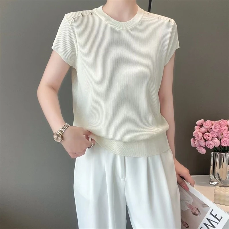 Women Clothing 2024 Summer Stylish Simple Casual Short Sleeve Rib Knit T-shirt Female Elegant Solid O Neck Loose Pullover Tops