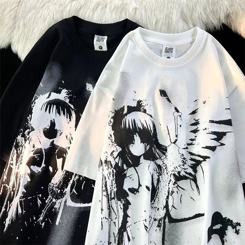 Retro Angel Print Short-sleeved Women T-shirt Summer  Harajuku Casual   Loose Cotton Oversize Women's T-shirts Female Clothing