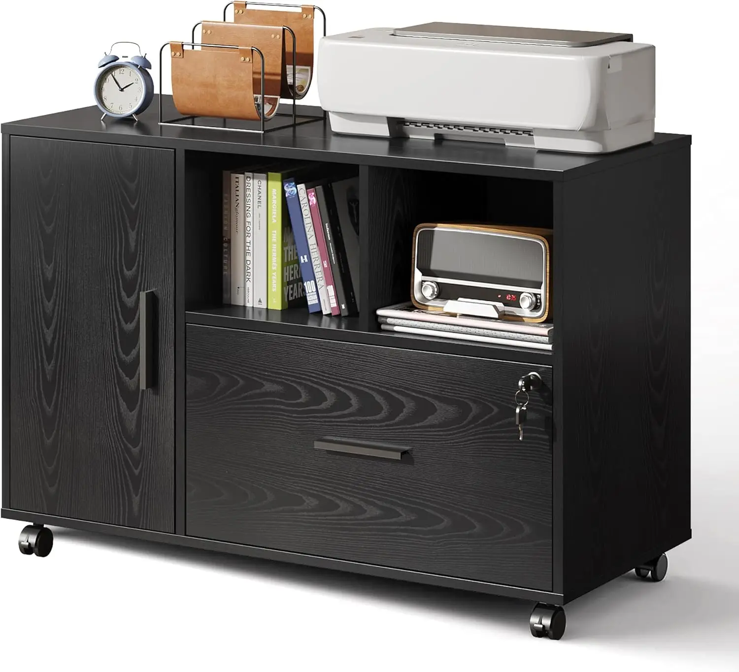 Archivador de oficina con cerradura, archivador lateral de madera con 1 cajón sobre ruedas, soporte para impresora con estantes de almacenamiento abiertos, negro