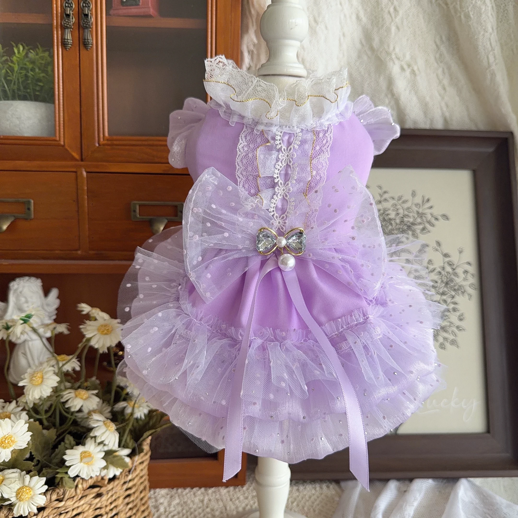 Lolita Princess Pearl Dress Pet Clothes Spring Summer Lightweight Sky Blue for Small Dogs Teddy Cat Cute Ins Style Fashion