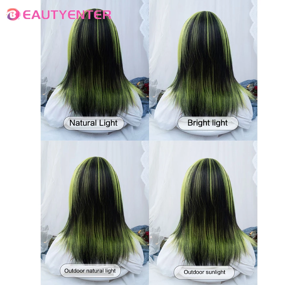 BEAUTYENTER Synthetic Short Black Green Mix Women Straight Wigs with Bangs Lolita Cosplay Natural Hair Wig for Daily Party