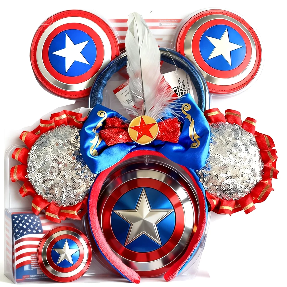 

Disney Mickey Mouse Headband saptain America Theme Shield Bows Headband Birthday Party Halloween Cosplay Costume For Women Girls