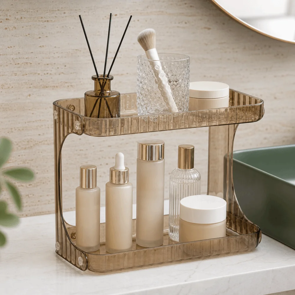 Double Layer Bathroom Organizer Large Capacity Transparent Desktop Storage Shelf Display Stand Plastic Kitchen Storage Box