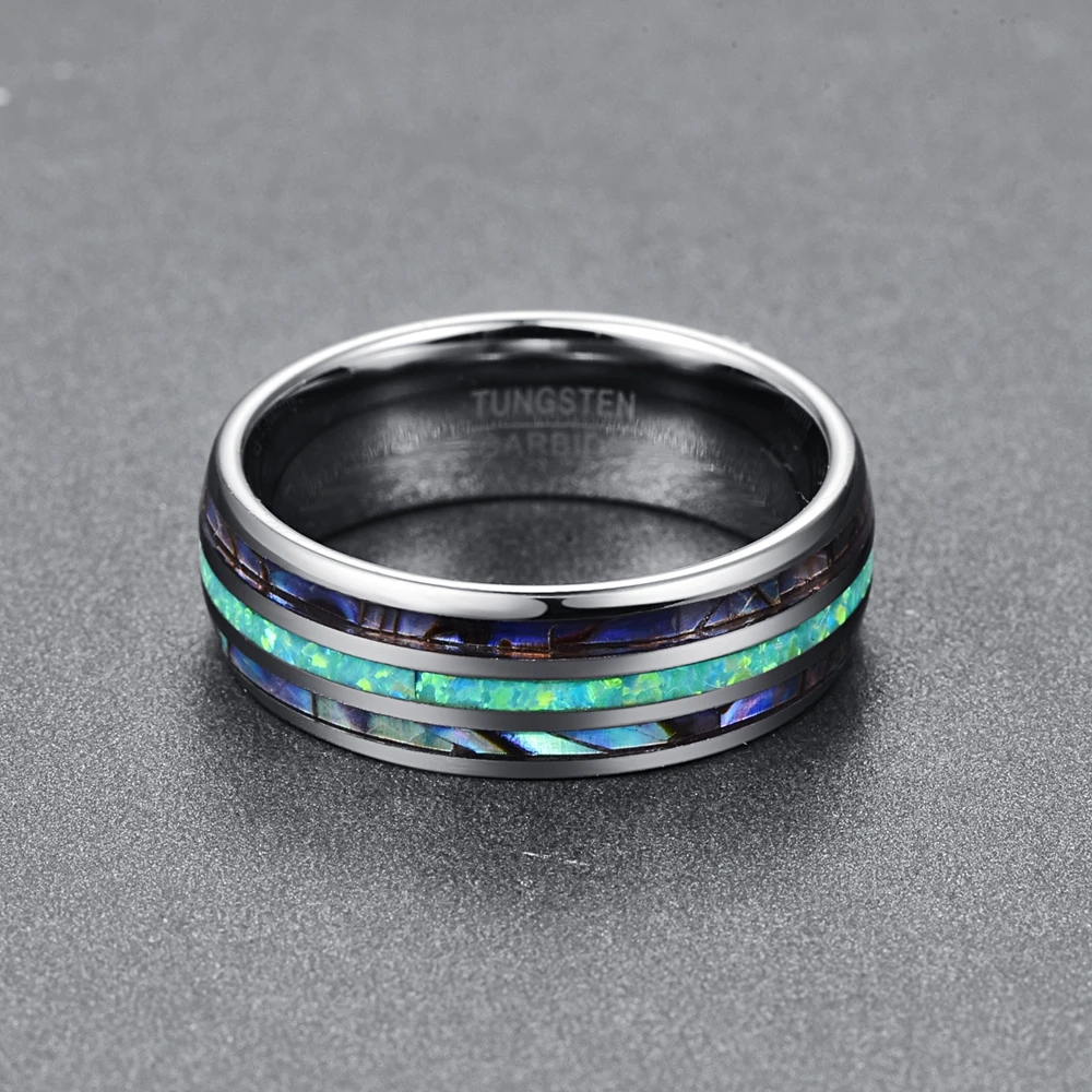 BONLAVIE 8MM Wide Polished Abalone Shell Tungsten Carbide Rings Dome Triple Grooved Opal Tungsten Steel Jewery Never Fade T082R