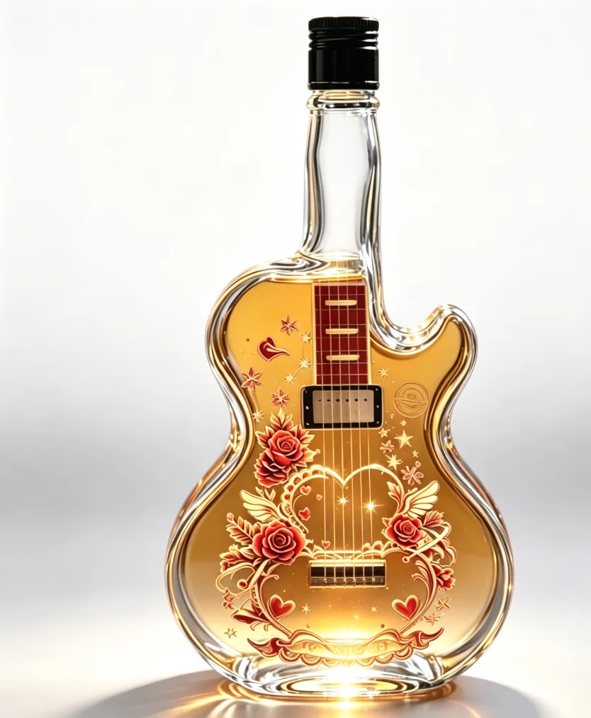 Guitar Shaped Glass Decanter Heart Rose Pattern Whiskey Brandy Wine Bottle Unique Decorative Jar for Home Bar