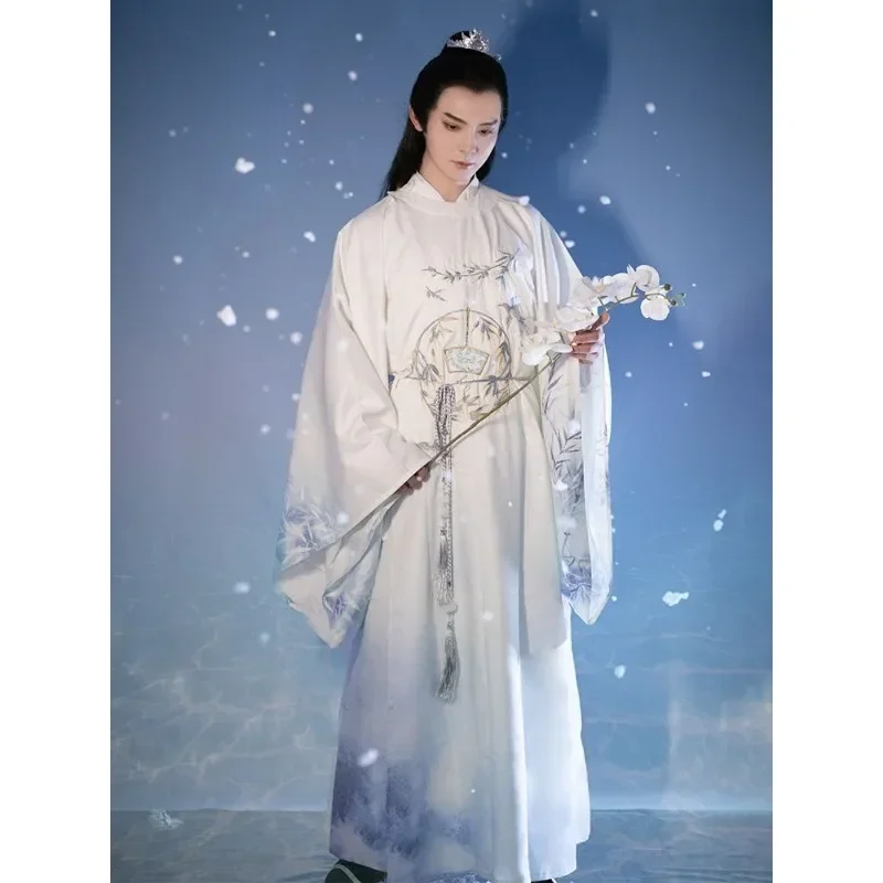 

Chinese Style White Round Neck Bamboo Printed Long Sleeve Hanfu Dress with Thicken Cloak Men Winter Knight Cosplay Costumes