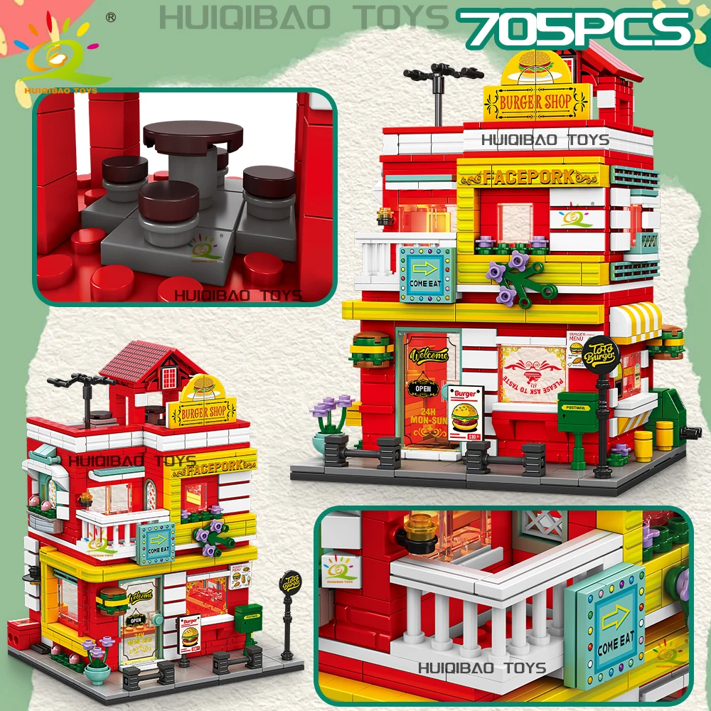 HUIQIBAO City Street View Supermarket Coffee Burger Shop Hotel Model Building Blocks DIY Architecture Bricks Toys Adult Gift