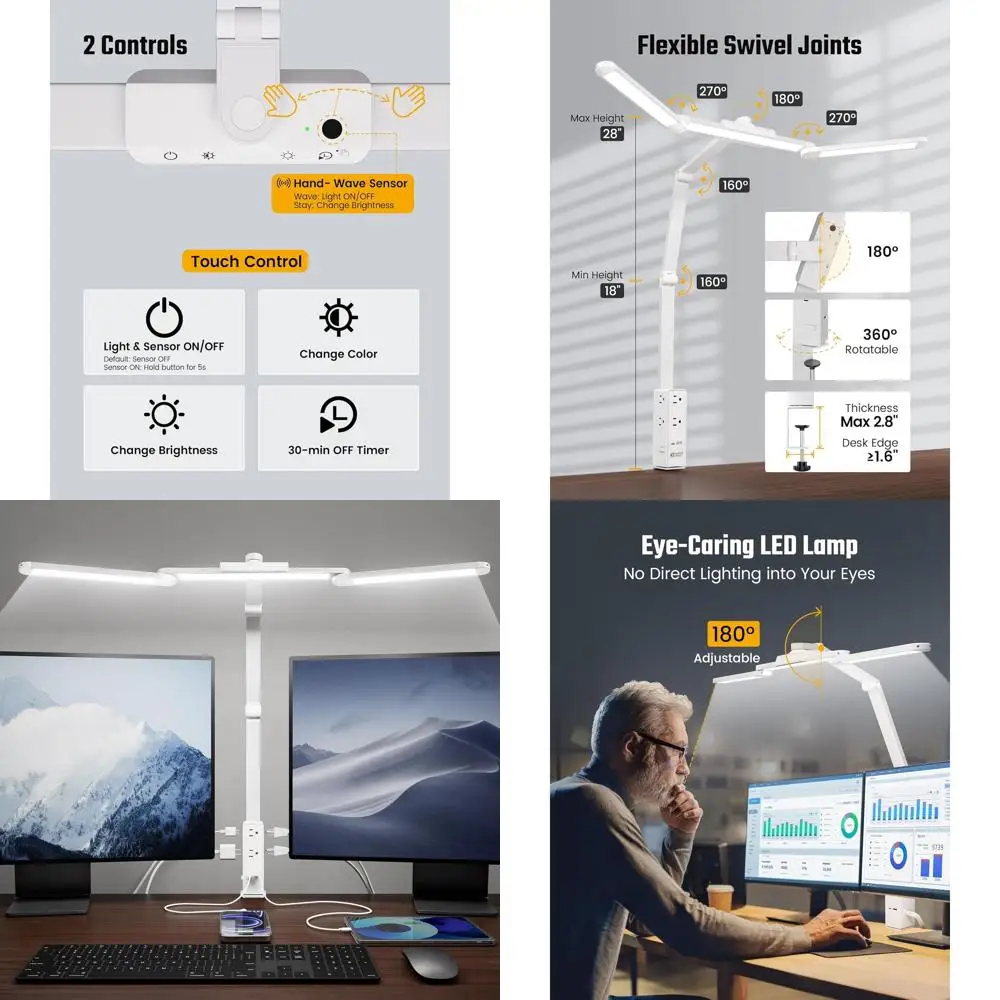 

LED Clamp Desk Lamp with 6 Outlets, 1 USB, 1 Type-C, 5 Color Dimming for Home Office