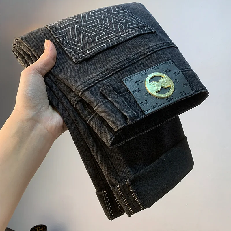 2025 Spring/Summer Men's Jeans Personalized Pocket Printed Micro Collapse Haren Pants High end Light Luxury Men's Pants