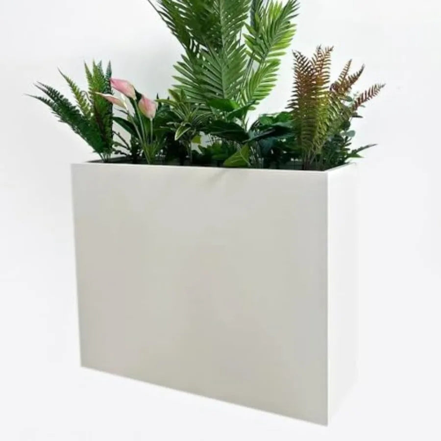 Outdoor patio/porch metal tall rectangular planter, white, 38 L x 13 W x 30 H, modern design, large spliced flower pot for plan