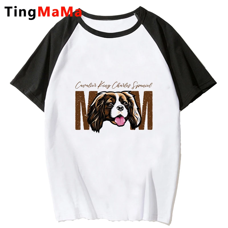 Camiseta blanca de cuello redondo para mujer, camisa de cuello redondo con estampado de El Rey Charles Spaniel, ropa coreana blanca ulzzang