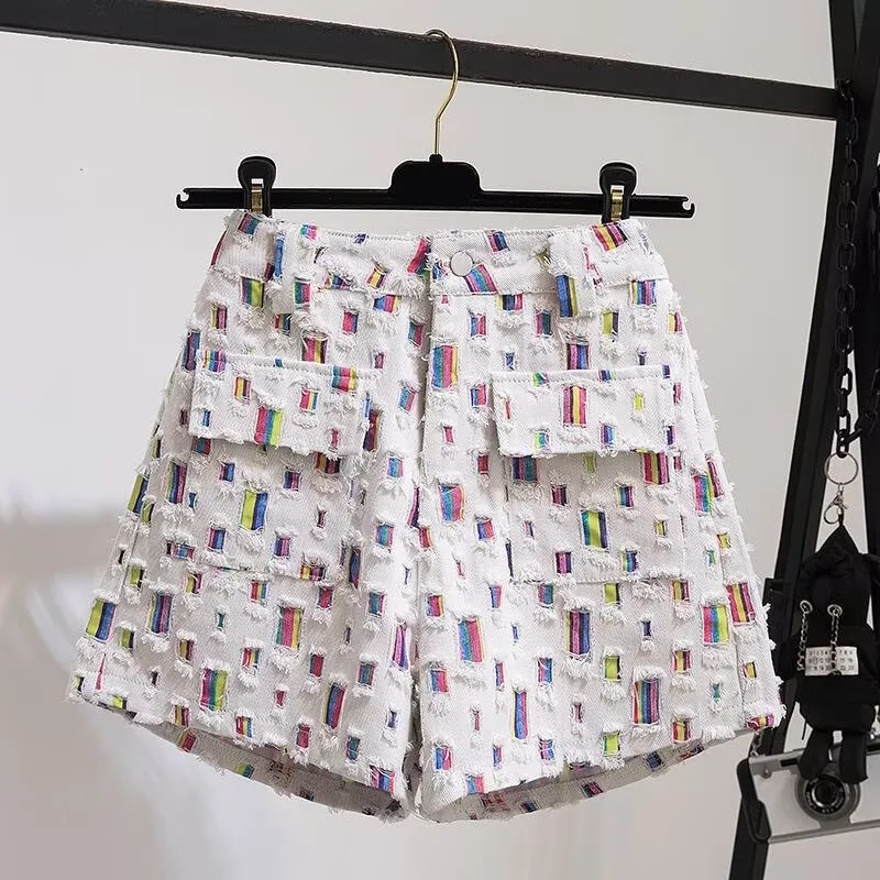 

Woman clothes Personalized Summer Perforated Colorful Patch Denim Shorts Women's Street Clothing High Waist Slim Wide Leg Pants