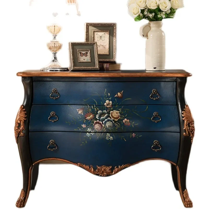 American Blue Chest Cabinet with Drawers Mediterranean Retro Hand Painted Living Room Storage Entryway Bedside Locker