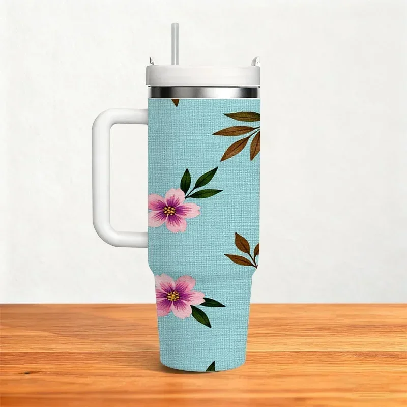 Pastel Floral & Leaves Print 40oz Stainless Steel Insulated Tumbler, Digital Printed Reusable Drink Cup with Pink Purple Flowers & Green Foliage Pattern, Ideal for Keeping Beverages Hot or Cold in Daily Commute, Office & Outdoor Activities