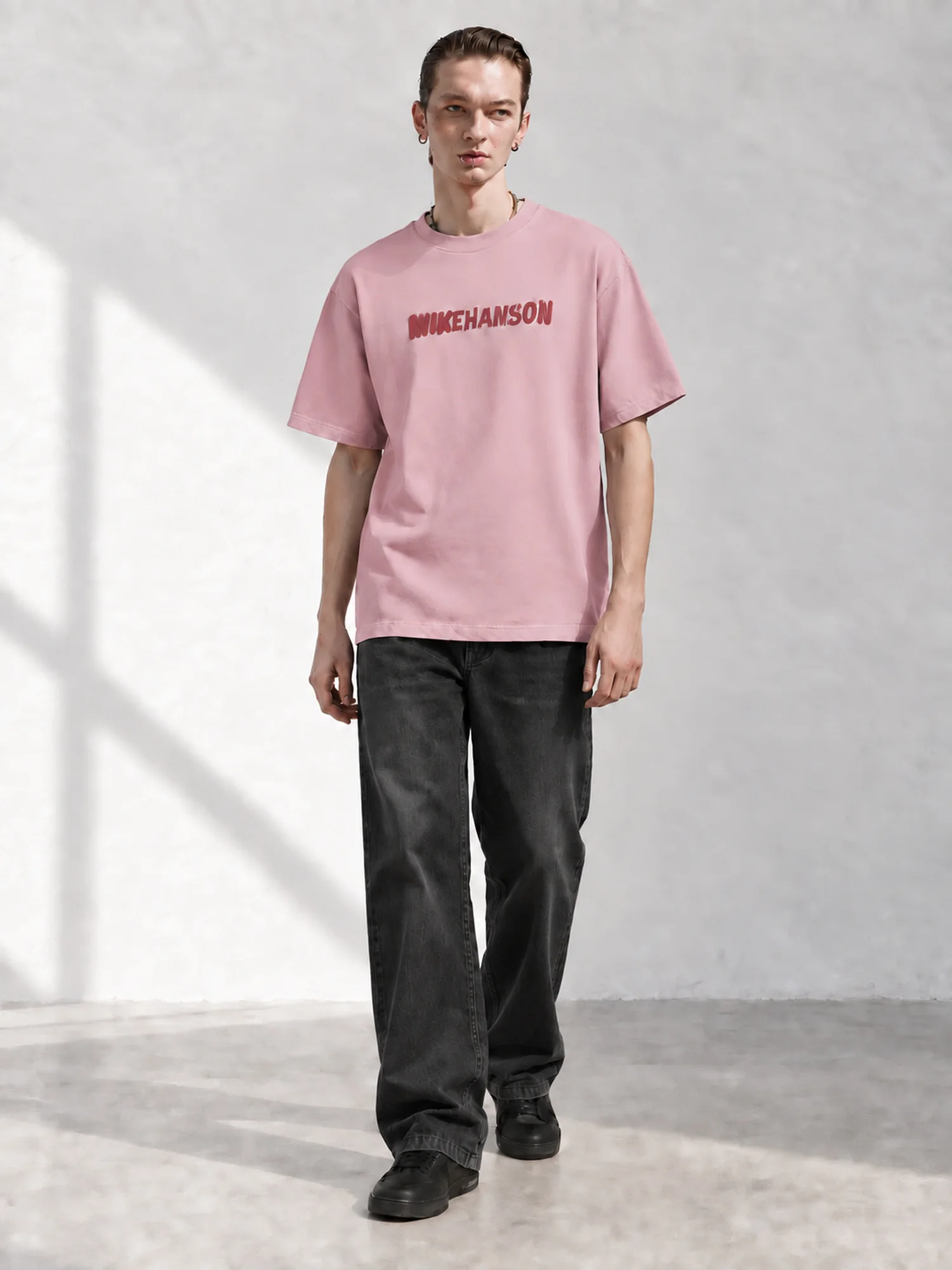 MAZZONNE Men's Washed Pink Letter Graphic T-Shirt, Front and Back Print, Short Sleeve Crew Neck Vintage Streetwear Tee H