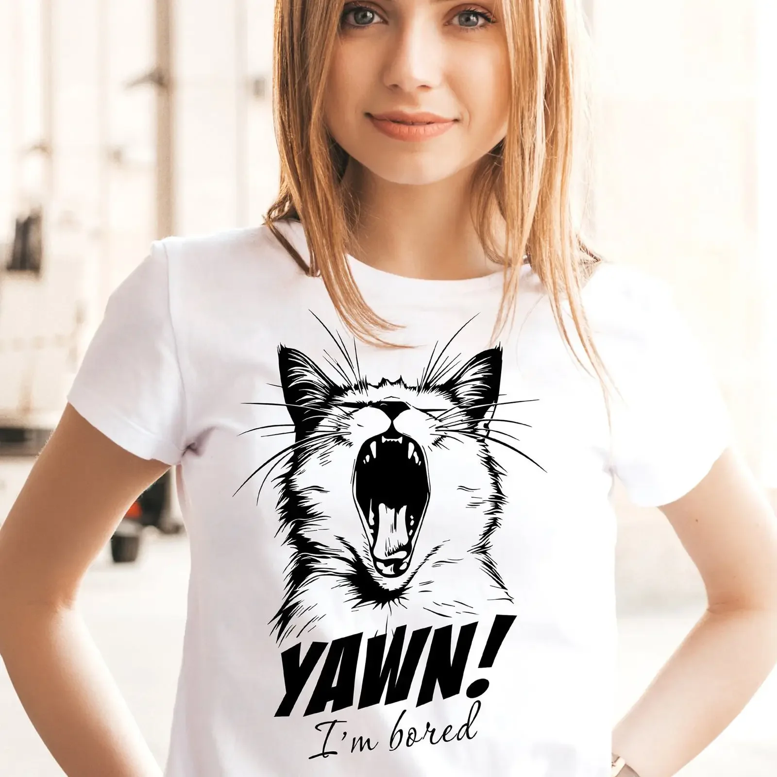 Funny Yawning Cat T shirt Sarcastic I'm Bored vintage Washed Breathable Comfortable Top For Everyday Wear Stylish fashion