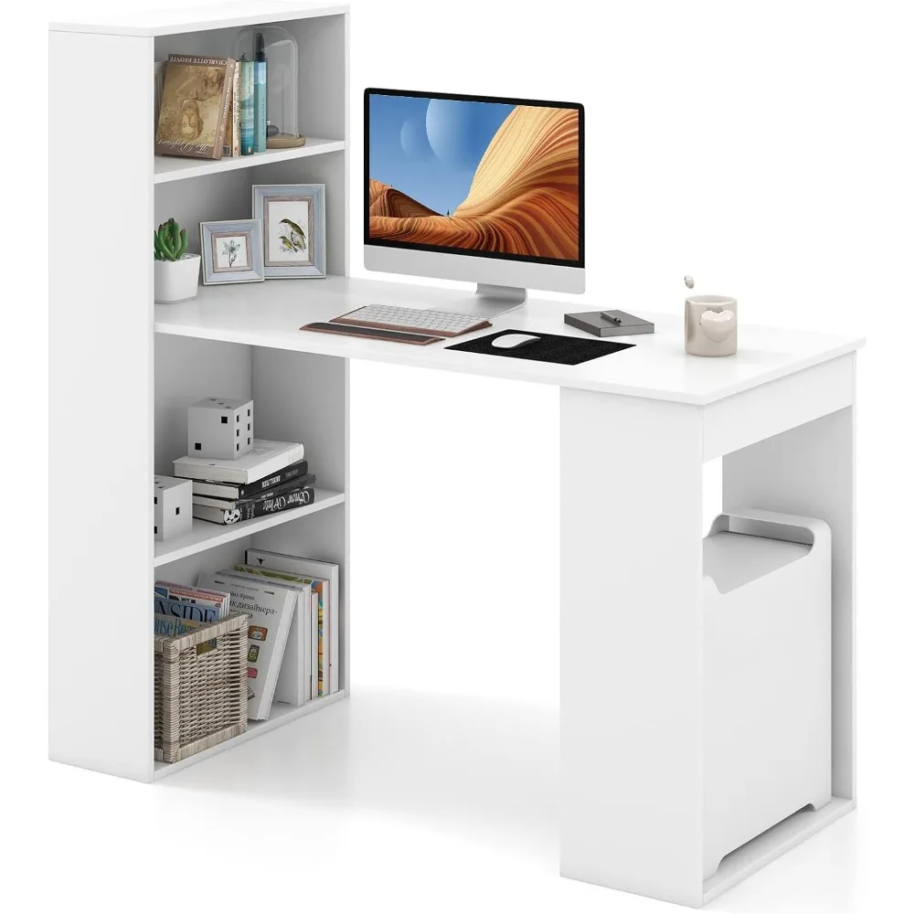 48 Inch Computer Desk with Bookshelf, Reversible Study Writing Desk with Storage Shelves & CPU Stand, Compact Office Desks