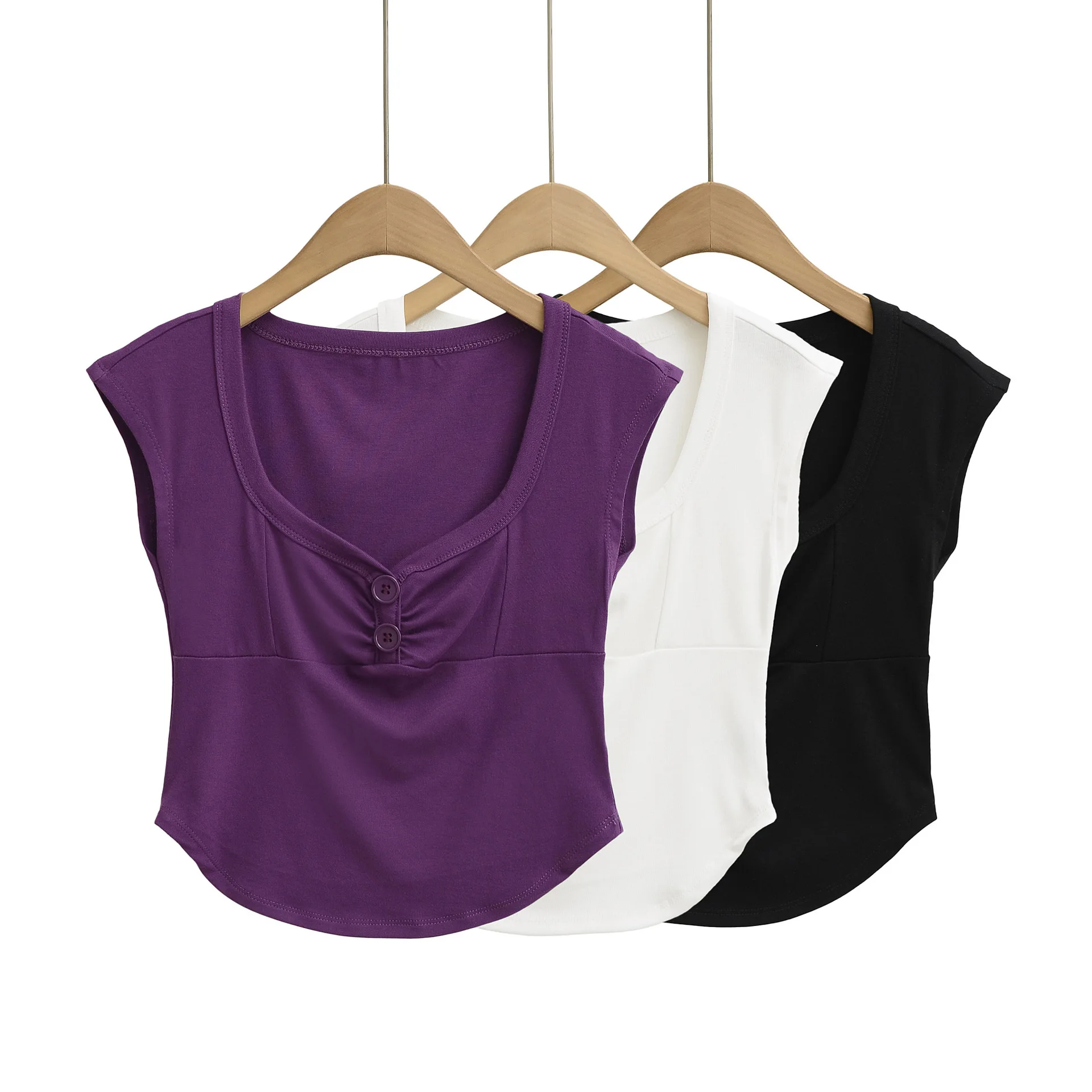 Purely alluring large-neck ruched bust-enhancing short-sleeve top  summer new model curved short high-waisted small V-neck C0