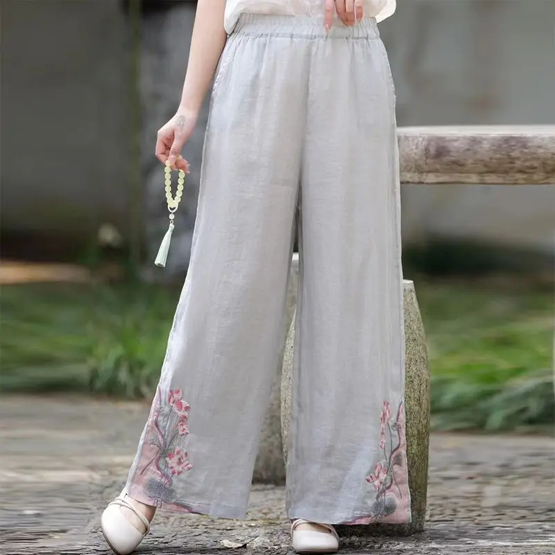 2026 New Chinese Fashion Summer Women's Elastic Waist Embroidered Wide Leg Trousers Loose Bohemian