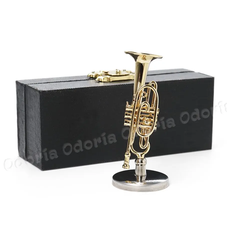 Odoria 1:12 Miniature Golden Cornet with Stand & Black Case Unplayable Musical Instrument Model Set Doll House Accessories Decor