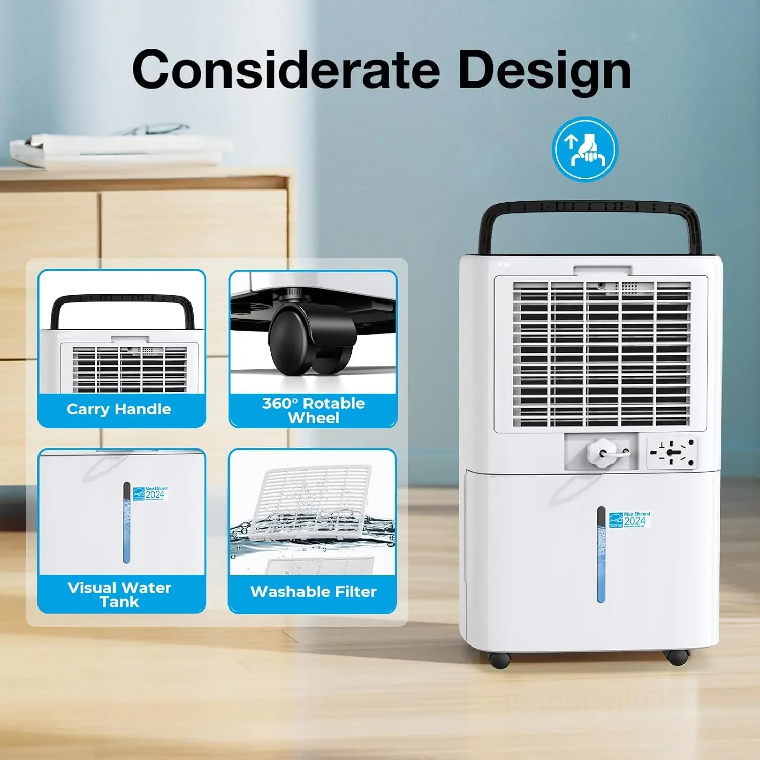 Energy Star Dehumidifier for Basement, PLUSCENT 52 Pints Quiet Dehumidifiers with Drain Hose for Home Large Room Bedroom, Smart