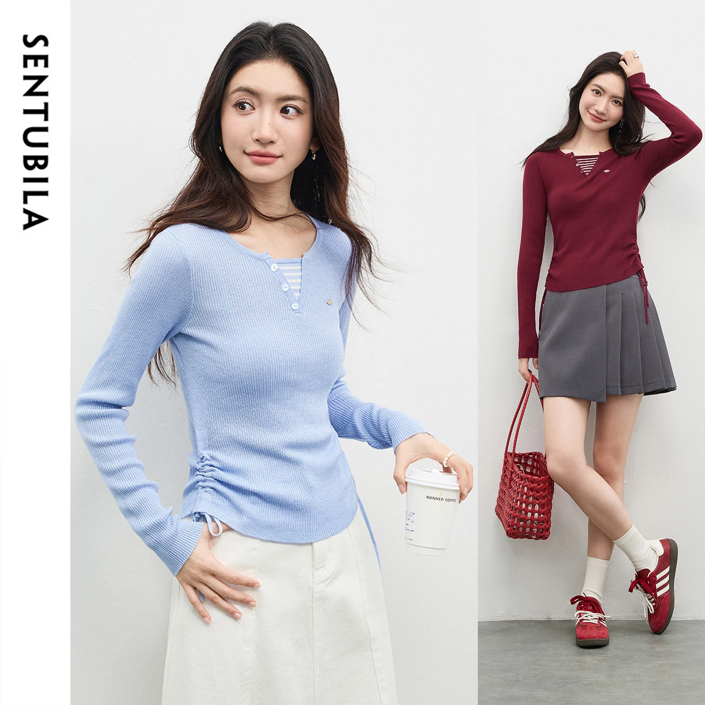 

SENTUBILA Women's T Shirt 2026 Commute Side Pleating Splicing Stripe Round Neck Slim Fit Tees Spring Long Sleeve Tops W61HD5046