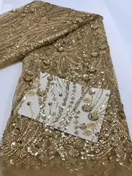 Gold African Groom Tulle lace Fabric 2024 High Quality 5 Yards Sequins Embroidery French Tulle Laces For Nigeiran Party Dresses