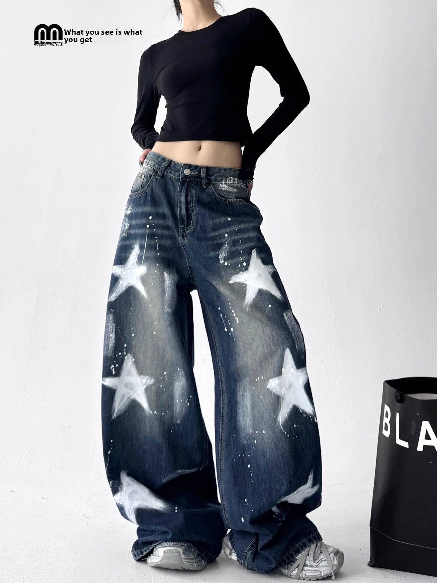 

Blue Distred fiti Denim Wide Leg Casual Pants Women's Autumn Faion Design Hot Girl Sle Loose Fit Comfortable Jeans