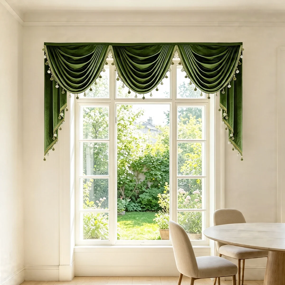 green-velvet-swag-valance-with-pom-pom-tassels-side-panels-luxury-european-decor-window-header-for-dining-living-bedroo