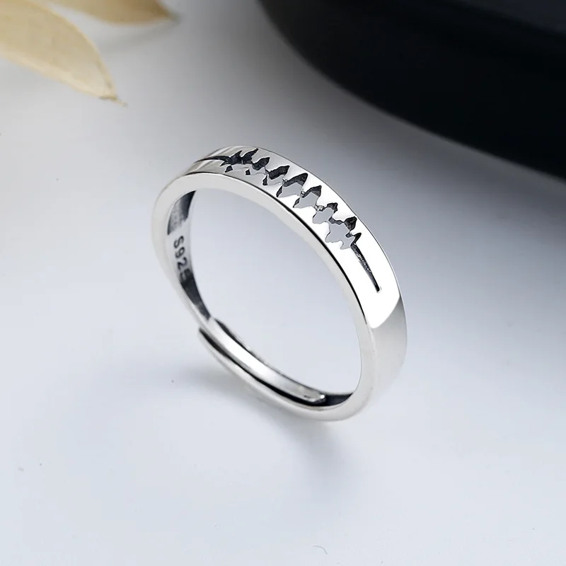 VOJEFEN Original 925 Silver Couple Electrocardiogram Heart Rate Rings Woman High Quality Fine Jewelry New In Engagement Men Ring