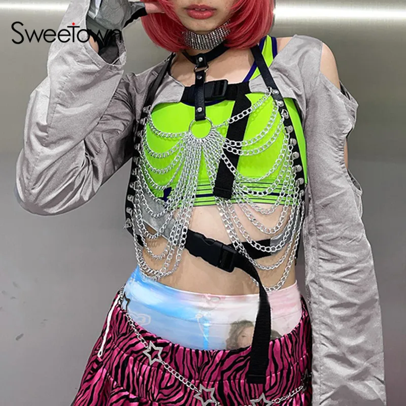 Sweetown Hollow Out Flare Long Sleeve Silver Buckle Smock Tops Korean Style Dance Girl Streetwear Cropped Tees