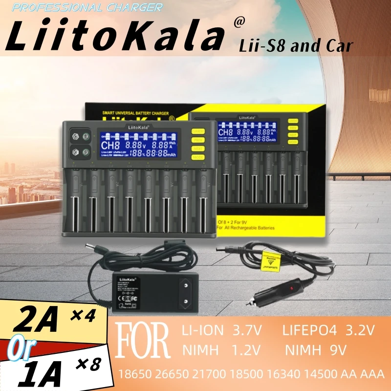 LiitoKala Lii-S8 Double slot 18650 Battery Charger 1.2V 3.7V 3.2V AA/AAA 26650 21700 NiMH 9V