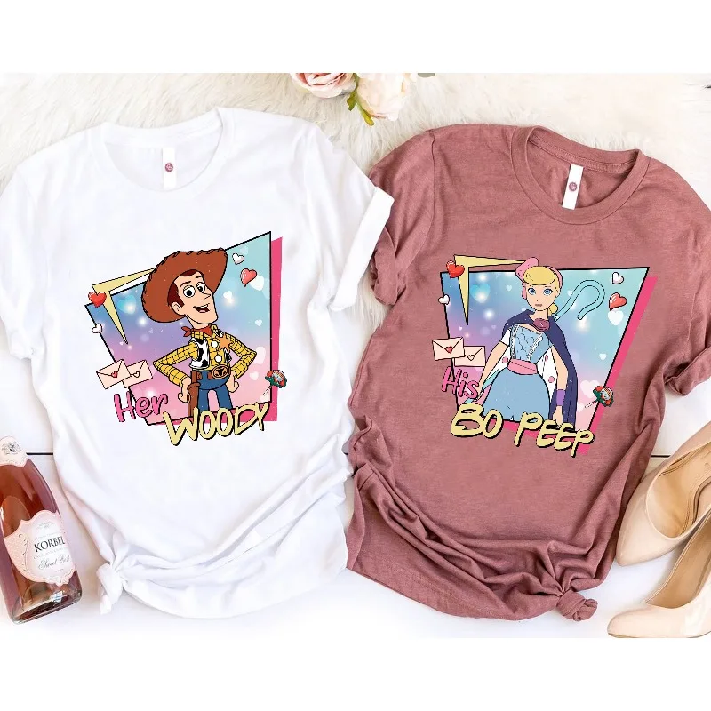 

Рубашки с изображением Вуди и овчарки в стиле ретро 90-х годов, милые рубашки для пары «История игрушек Диснея», семейные футболки в подарок Диснея