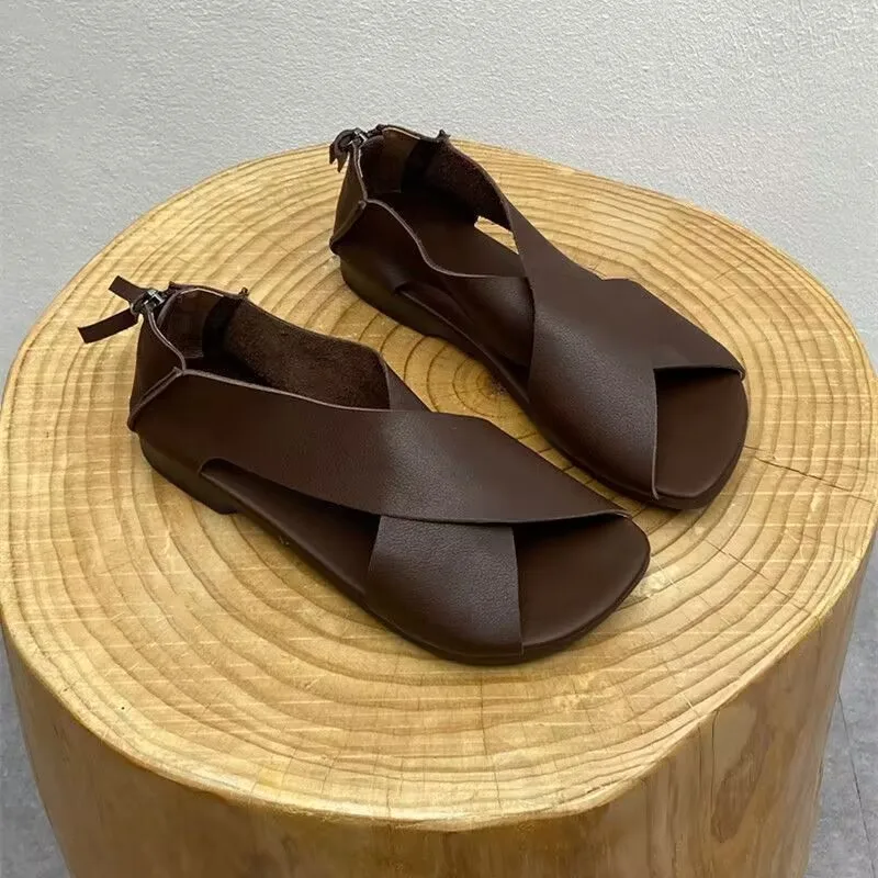 Sandalias clásicas de cuero para mujer, zapatos de playa informales, simples, de Color sólido, Retro, suaves y antideslizantes, estilo romano,