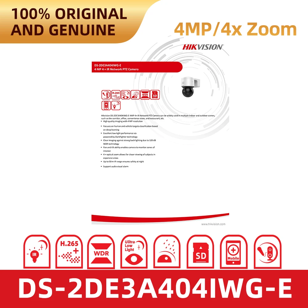 Hikvision Original DS-2DE3A404IWG-E 4MP Mini PTZ Camera 4X Zoom IR50m Two‑Way Audio Visual Alarm IP66 PoE OutdoorSecurity Camera