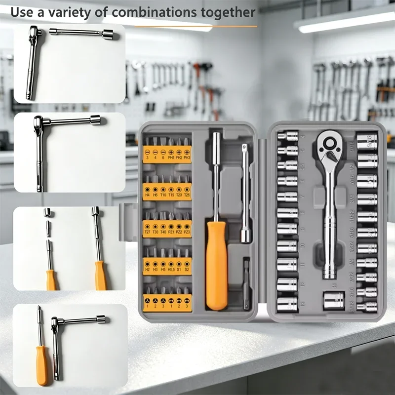 57 pcs Mechanical Repair Tool Set, Multifunctional with Socket, Wrench And Ratchet Set, Auto Repair, Mechanical Toolkit