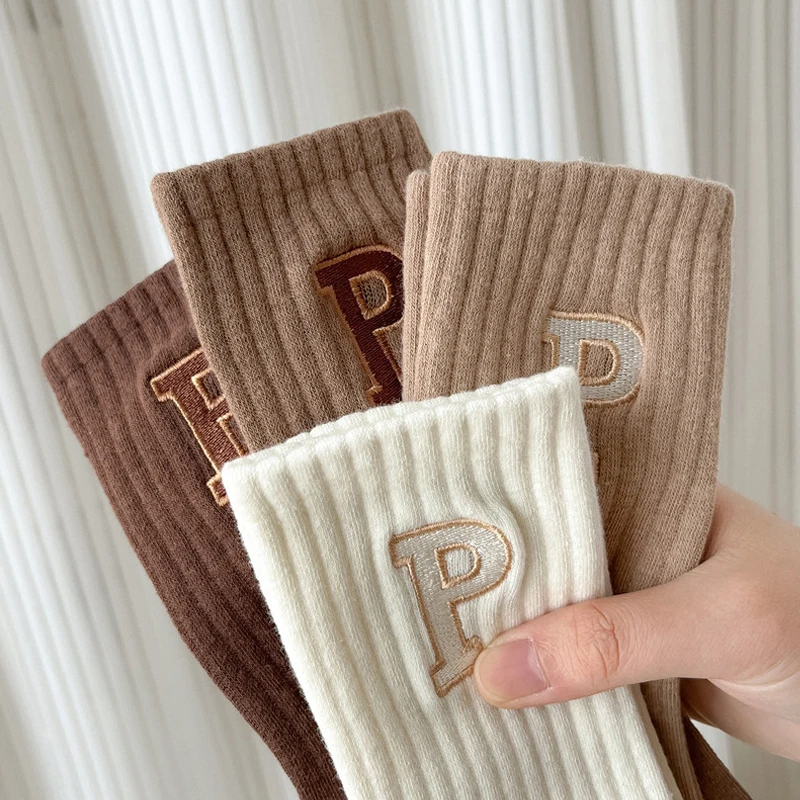 Winter Solid Warm Velvet Thickened Pile Socks Random Colored Embroidered Logo Mid-Calf Length Socks Brown Casual Cotton Socks