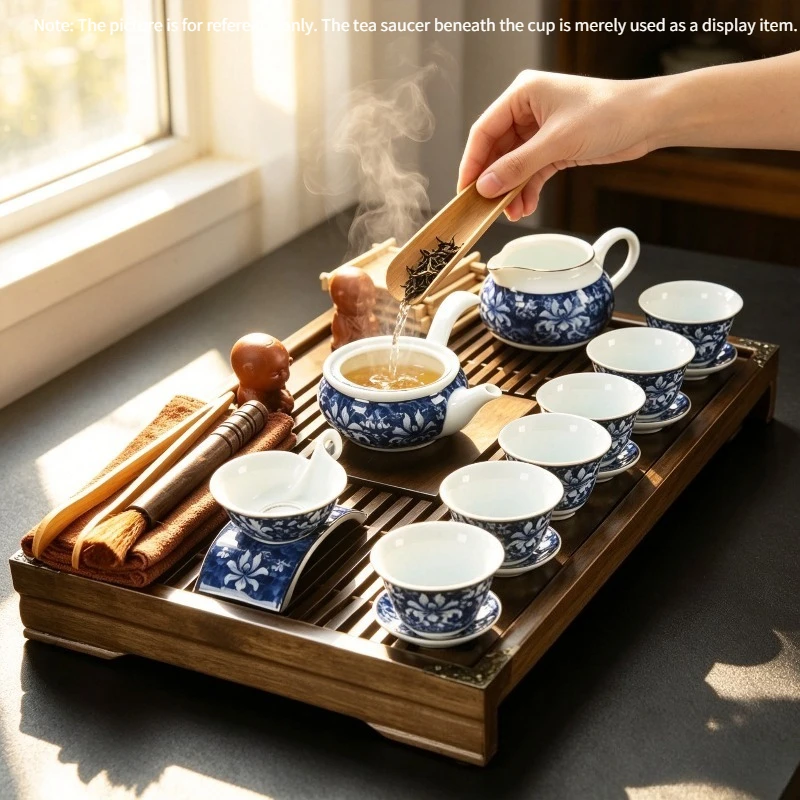 Blue and White Porcelain Kung Fu Tea Set Solid Wood Drawer Style Tea Tray Complete Set of Ceramic Tea Set Chinese Tea Ceremony