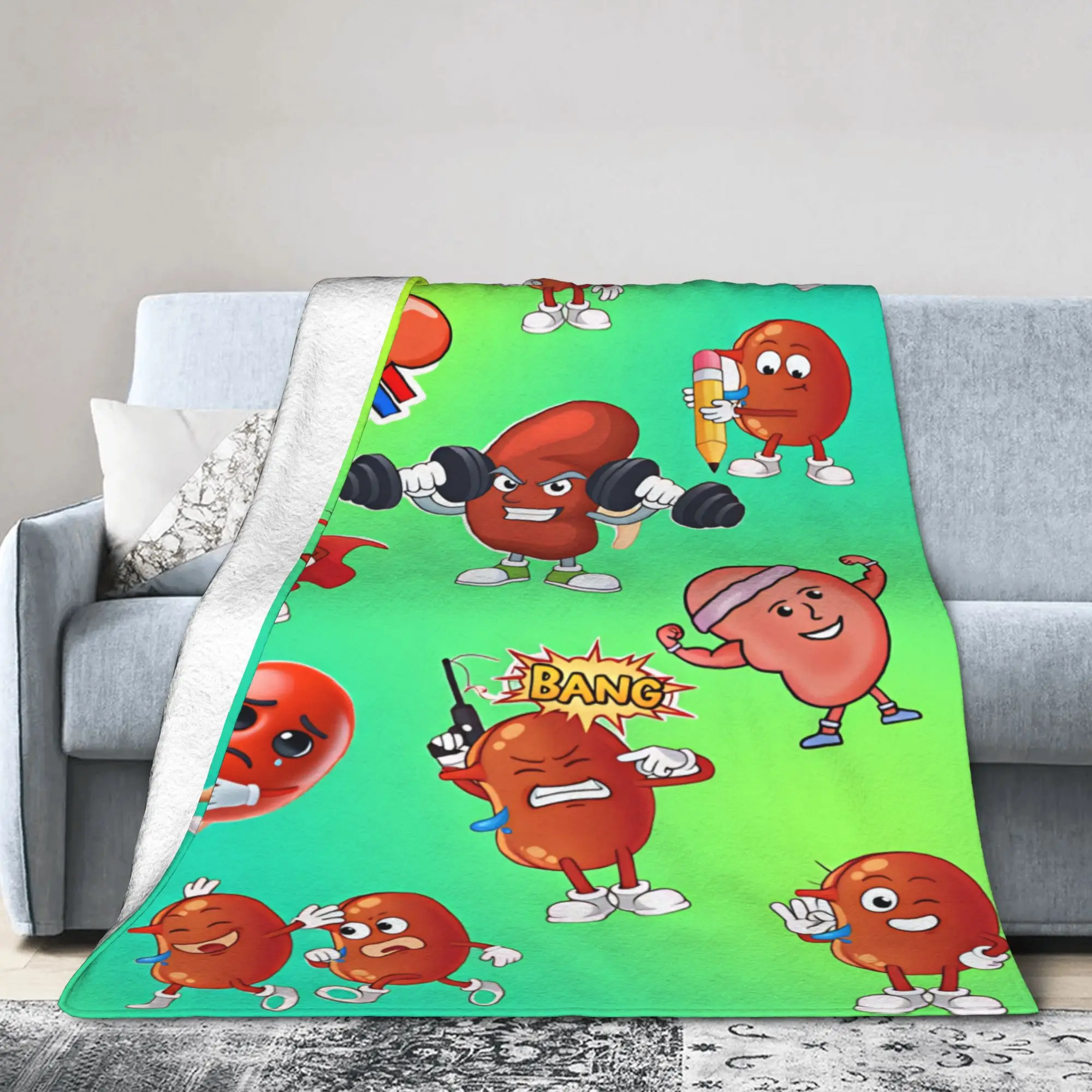Soft Warm Blanket Camping Cartoon Kidney Characters Different Poses Throw Blanket Flannel Bedspread For Outdoor Sofa Bed Cover