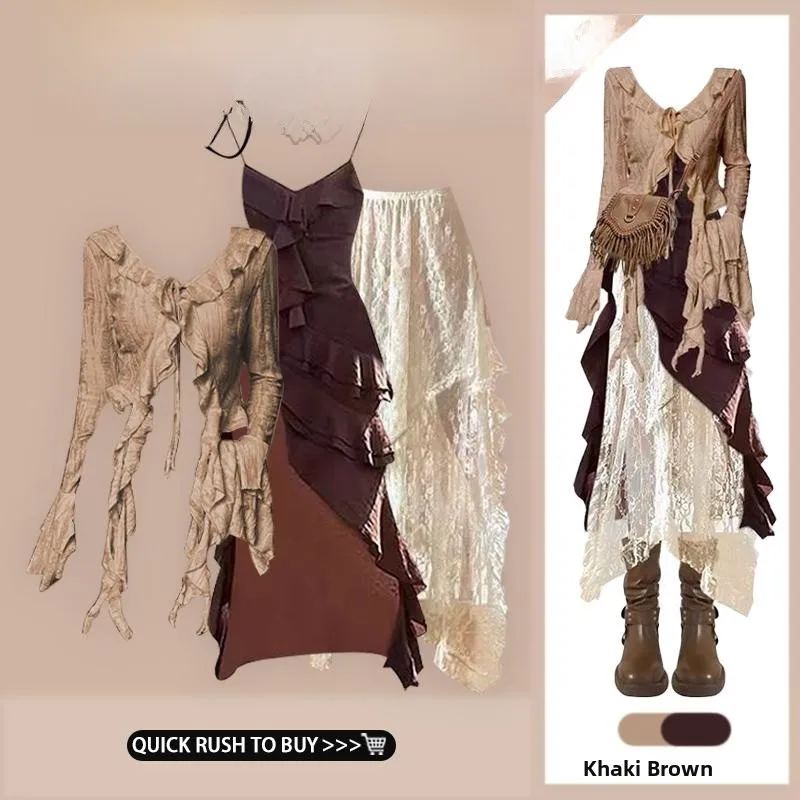 

Осенний вязаный кружевной комплект с юбкой для женщин, новинка 2026 года, модный этнический трендовый комплект из трех предметов: топ, платье и юбка