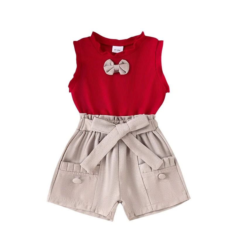 Children's Girls Summer Casual Suit Baby Girl Bow Elastic Undershirt Sleeveless Short Sleeve + Elastic Waist Shorts With Pockets