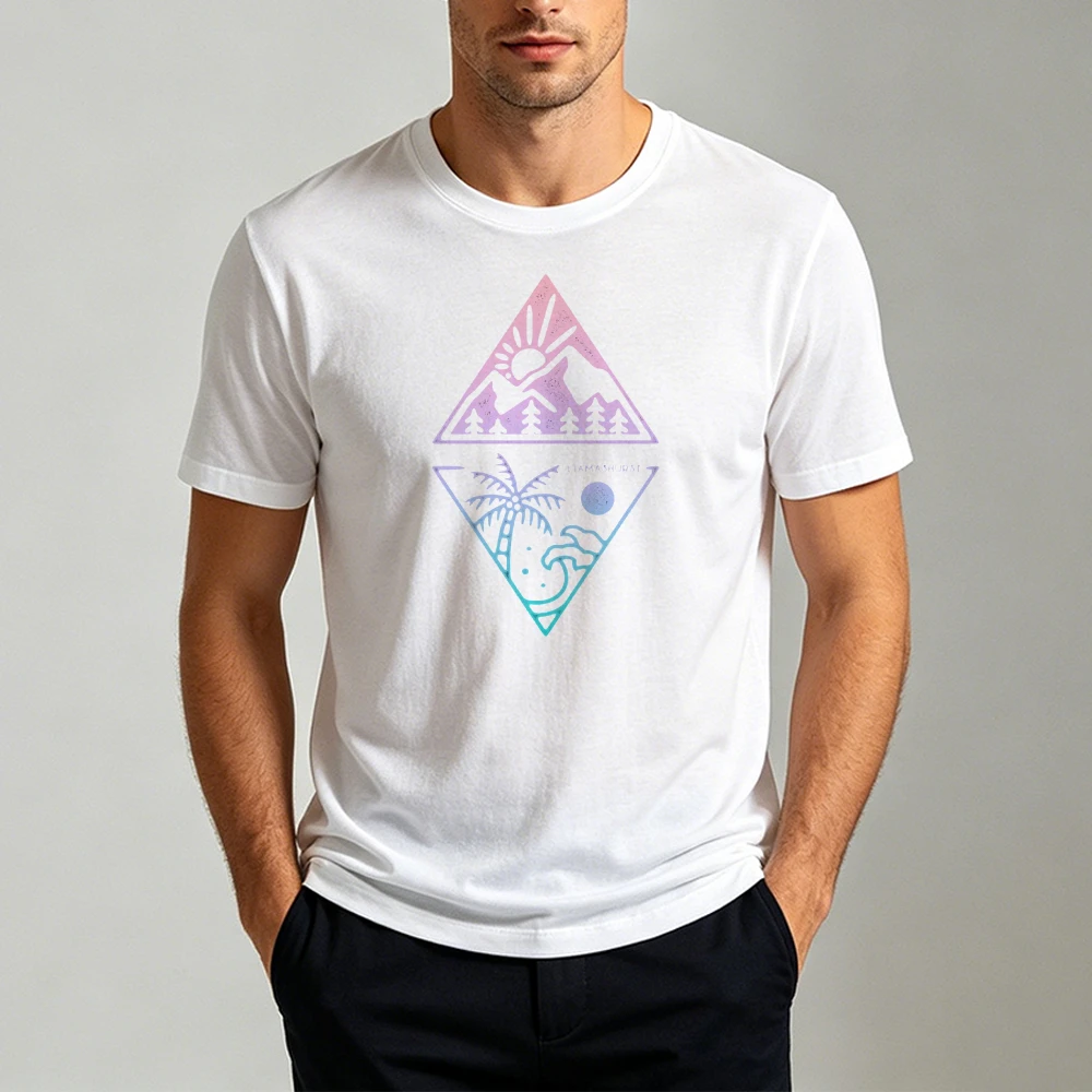 Minimalist Mountain Palm Tree Triangle Graphic T Shirt Men Tops Short Sleeve Tee Nature Landscape Art Top Summer Beach Vacation