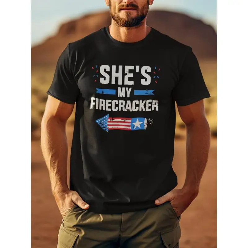 

Men's Funny Firecracker T-shirt, USA Patriotic Graphic Tee, Humorous "She's My" Couple American Pride Short Sleeve Top