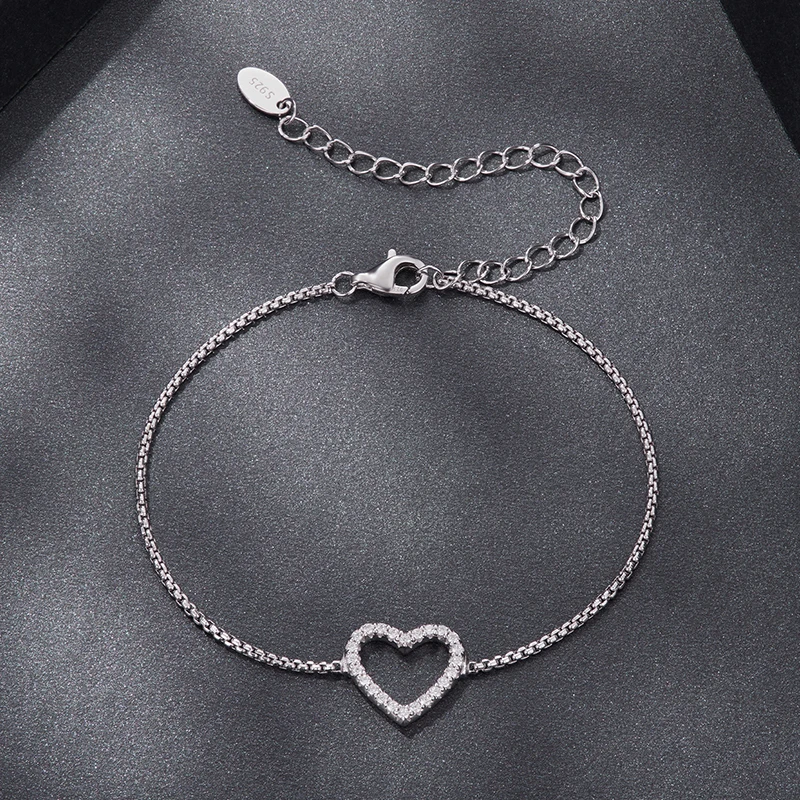 

Bamoer Heart Moissanite Bracelet 925 Sterling Silver Certified Bracelet Length Adjustable Woman Girl Fine Jewelry Nice Gift