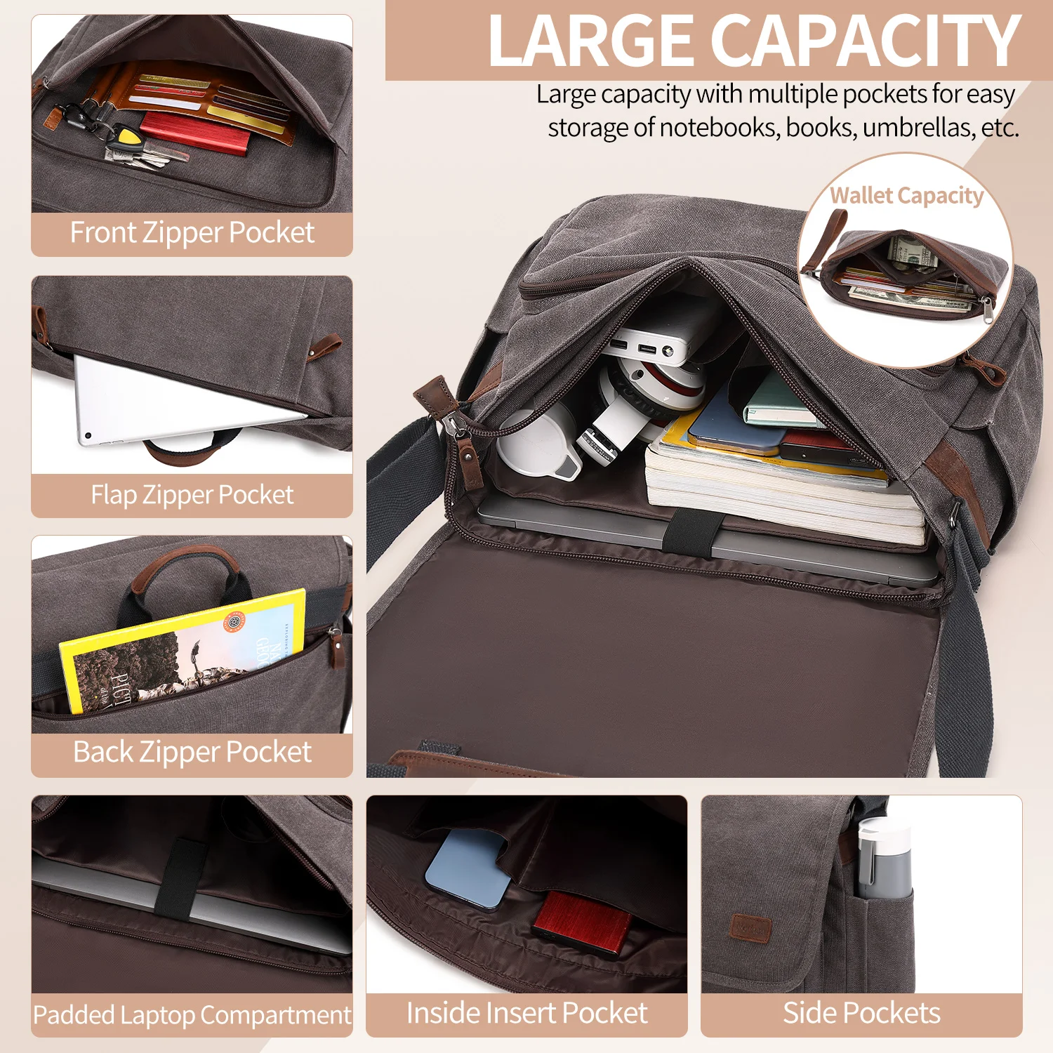 Waterproof Canvas Messenger Bag for Men, Messenger Bag  ,Shoulder Bag, Casual Computer Bag, Business Bag, Crazy Horse Cowhide