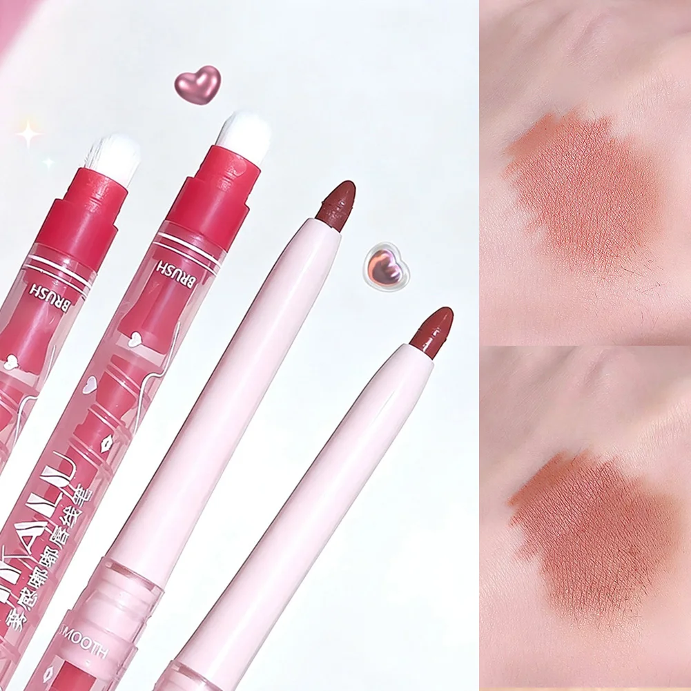 Portable Double Head Lip Liner Pen Built-in Smudge Brush Long Lasting Waterproof Lip Outline Pencil for Women Daily Beauty